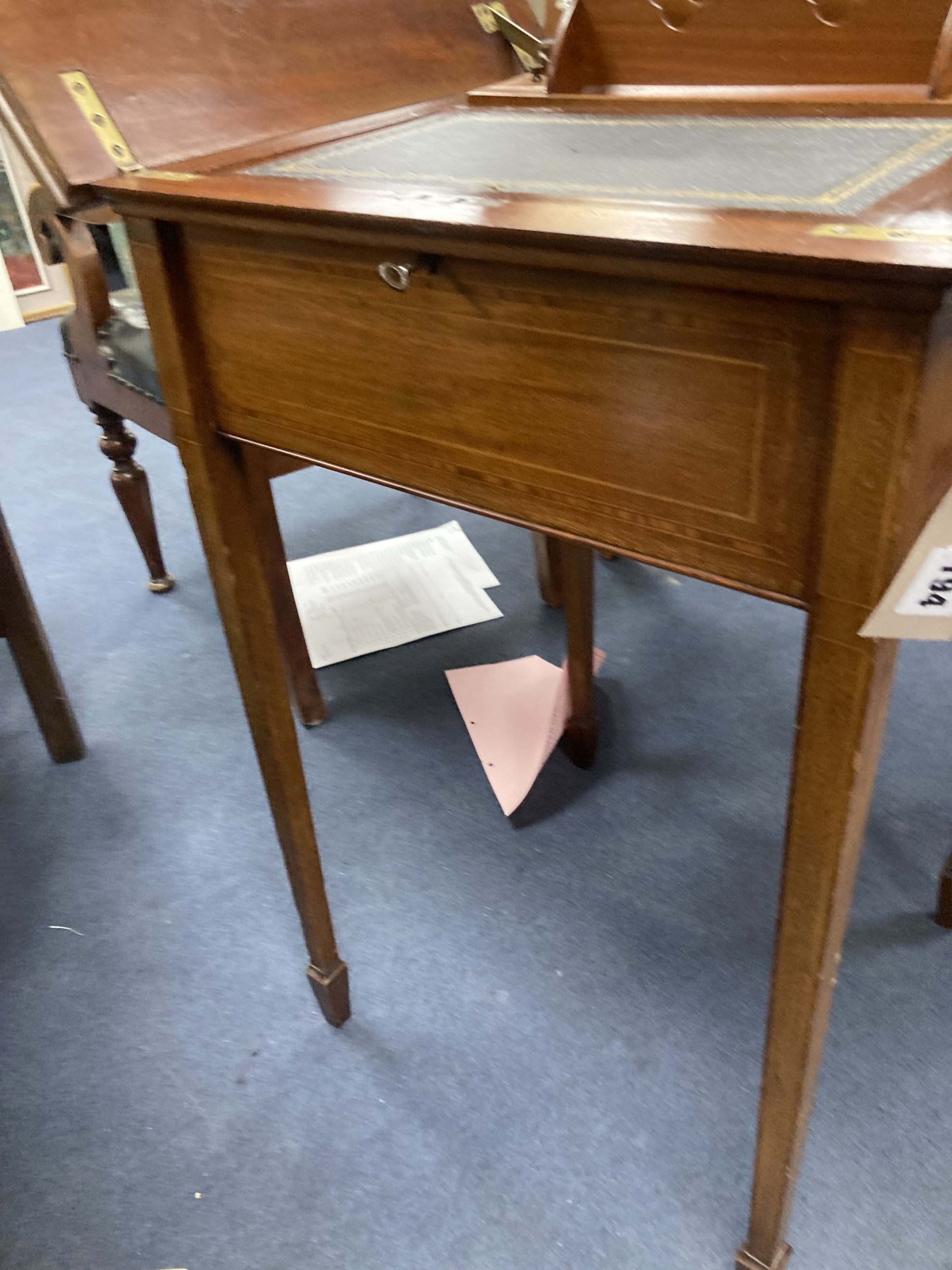 An Edwardian inlaid mahogany surprise writing table, width 48cm depth 49cm height 73cm